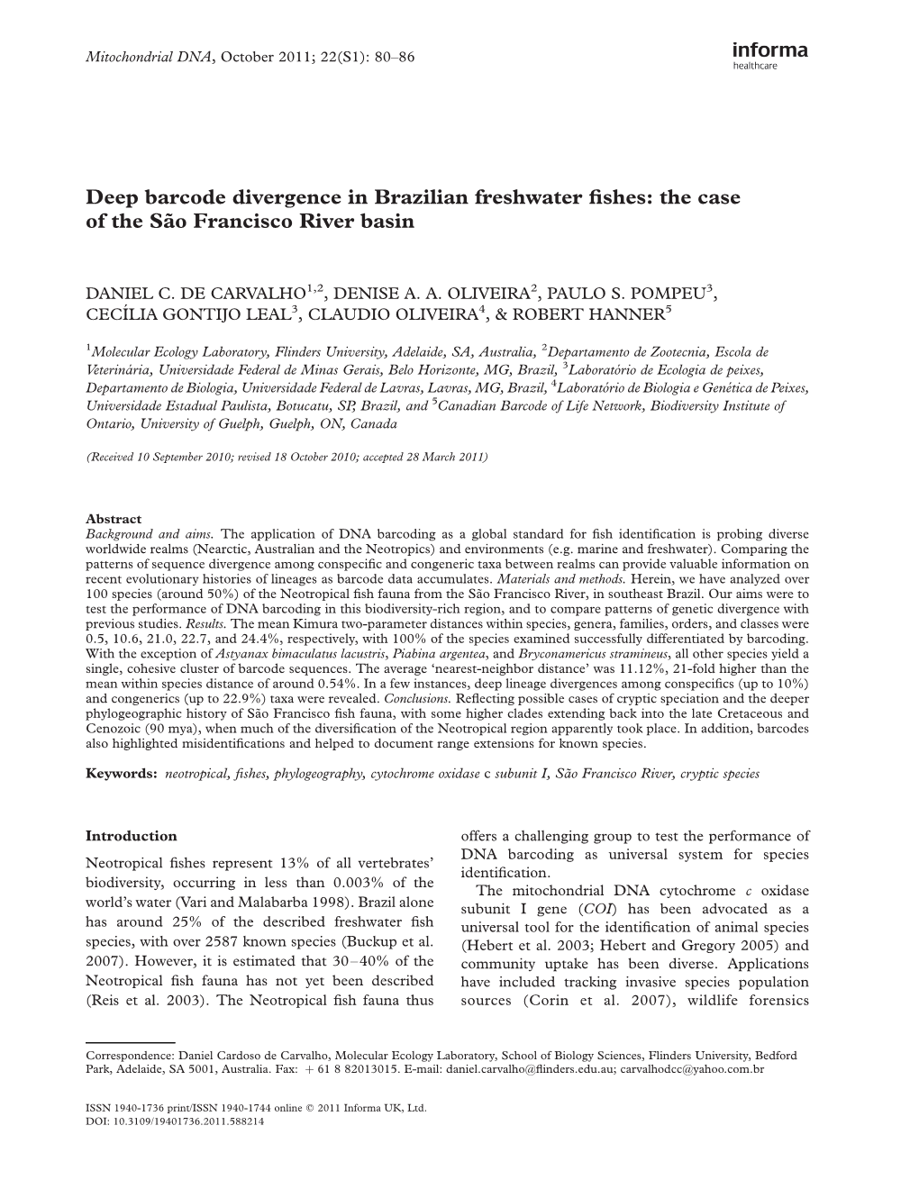 Deep Barcode Divergence in Brazilian Freshwater Fishes: the Case of the Sa