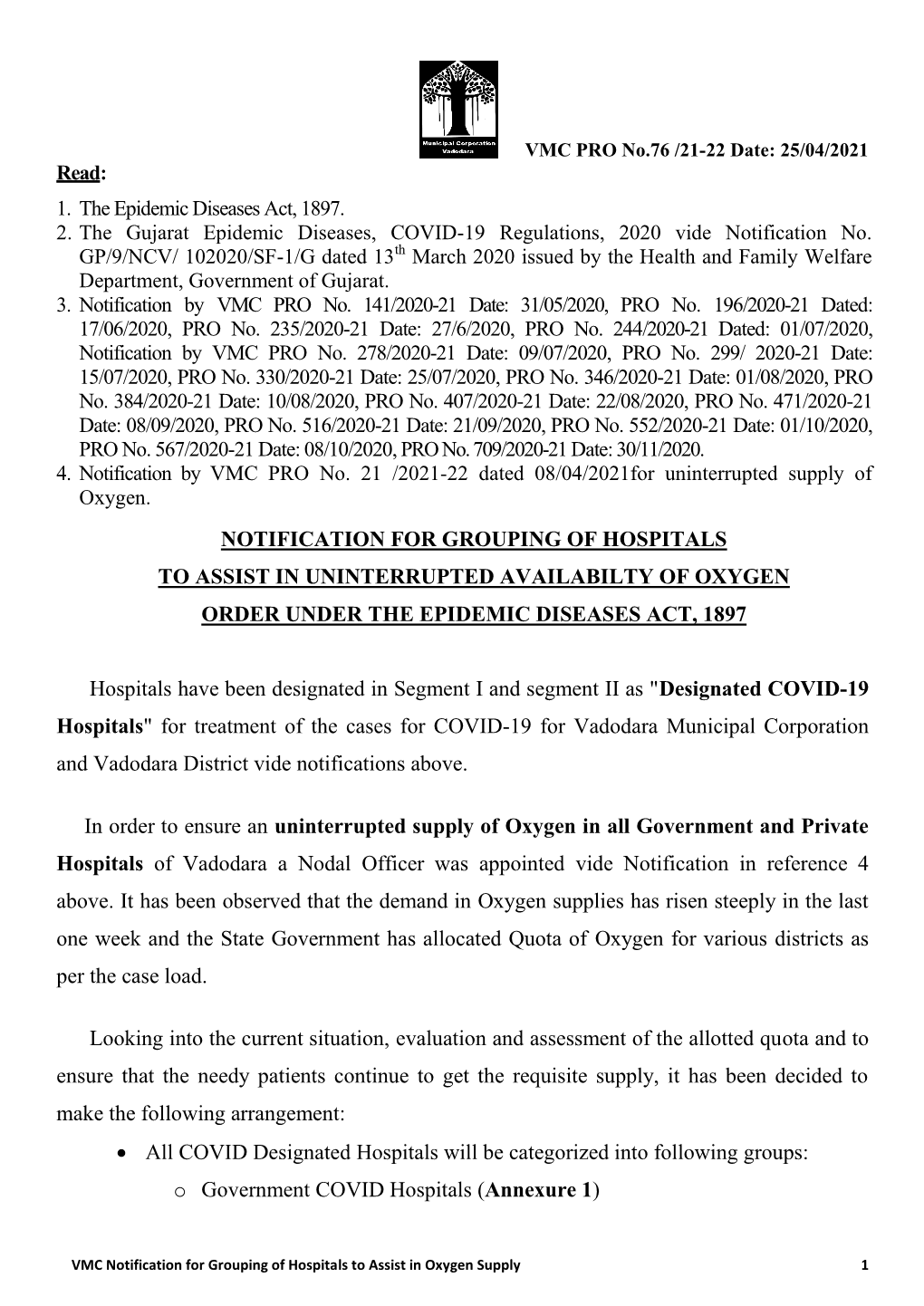 VMC Oxygen Grouping of Hospitals Notification