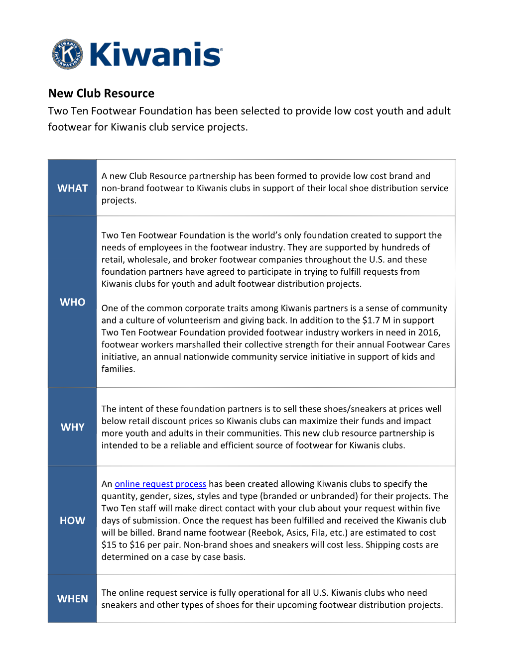 New Club Resource Two Ten Footwear Foundation Has Been Selected to Provide Low Cost Youth and Adult Footwear for Kiwanis Club Service Projects