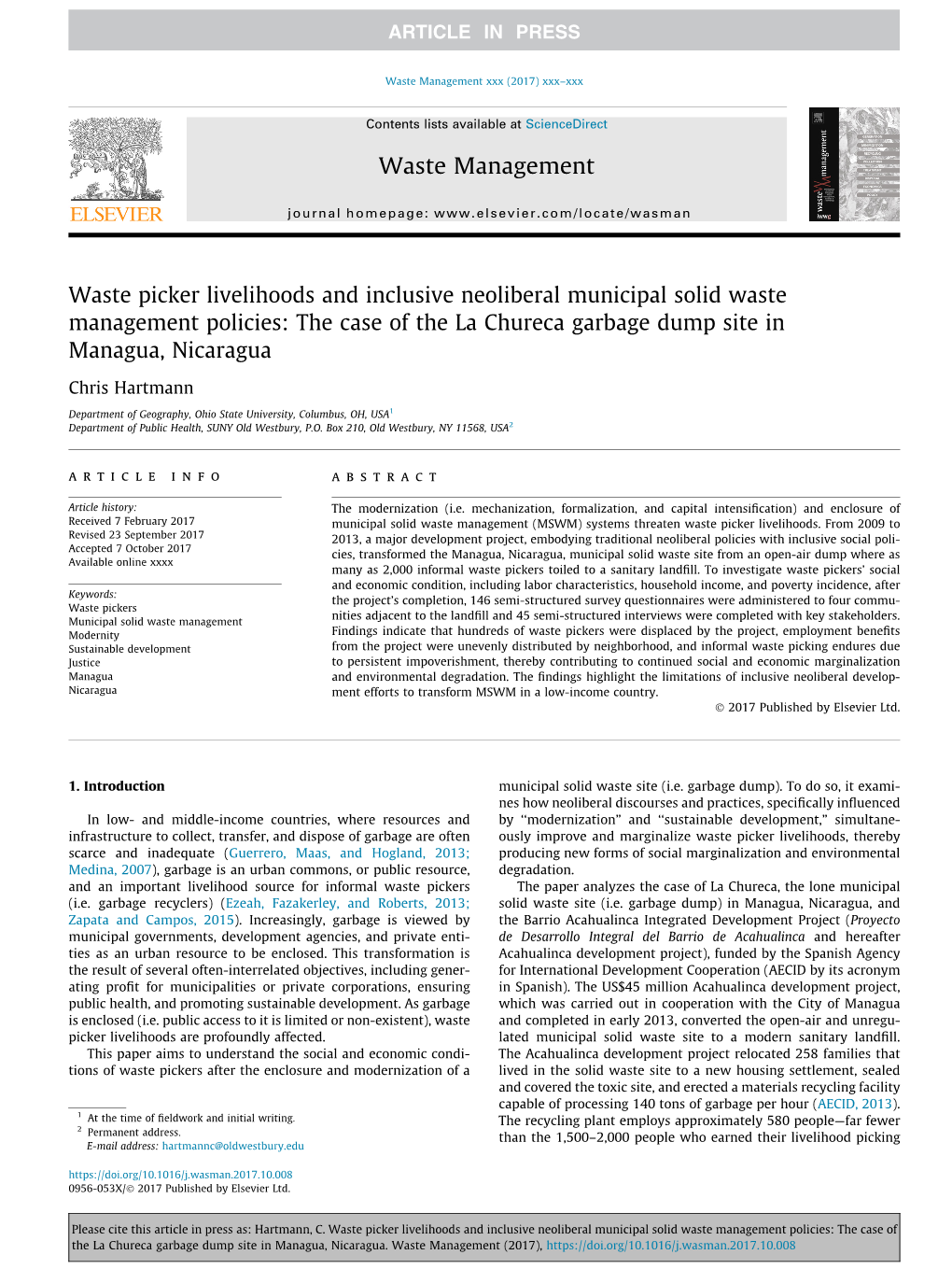 Waste Picker Livelihoods and Inclusive Neoliberal Municipal Solid Waste Management Policies: the Case of the La Chureca Garbage Dump Site in Managua, Nicaragua