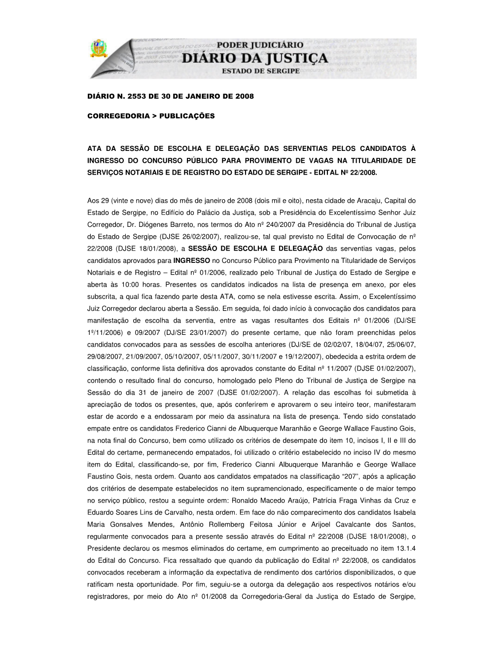 Diário N. 2553 De 30 De Janeiro De 2008 Corregedoria
