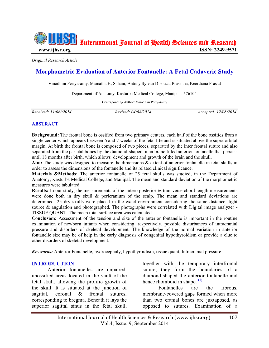 Morphometric Evaluation of Anterior Fontanelle: a Fetal Cadaveric Study