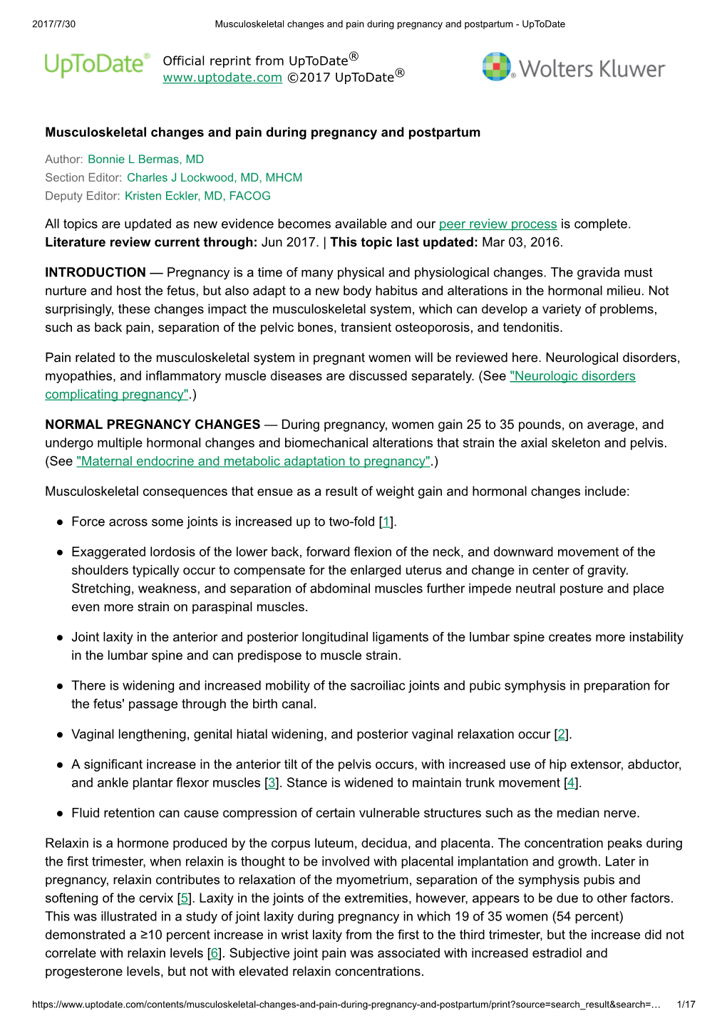 Musculoskeletal Changes and Pain During Pregnancy and Postpartum - Uptodate