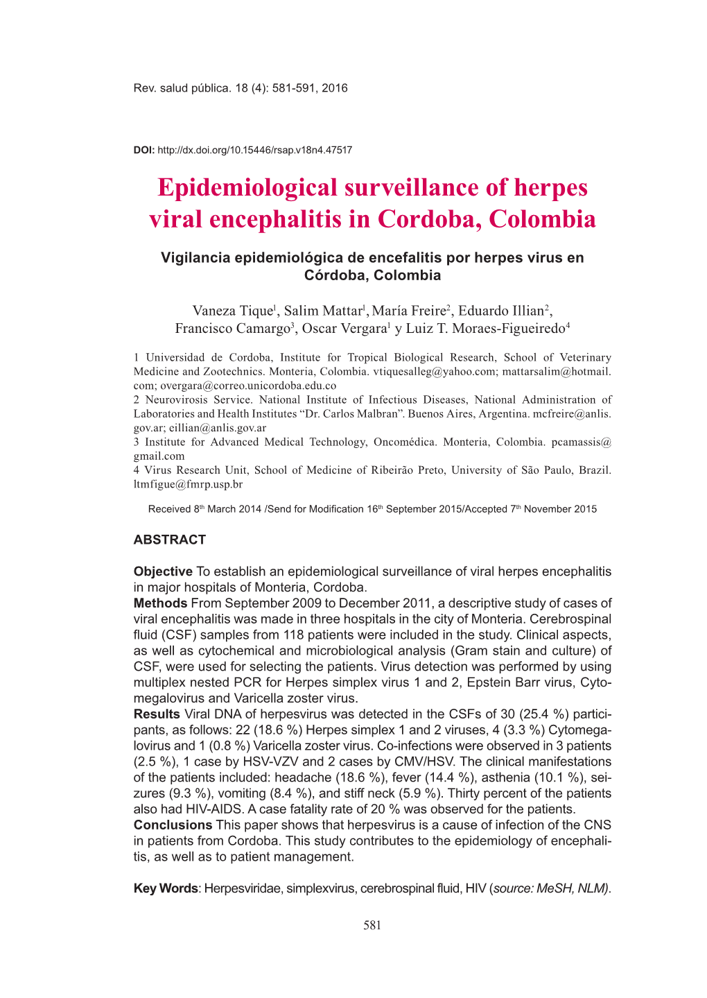 Epidemiological Surveillance of Herpes Viral Encephalitis in Cordoba, Colombia