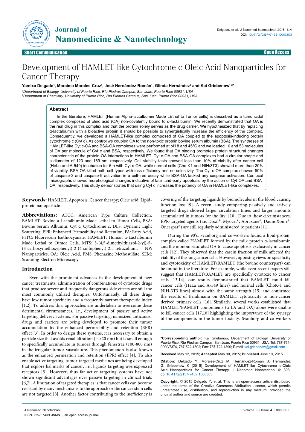 Development of HAMLET-Like Cytochrome C-Oleic Acid Nanoparticles for Cancer Therapy