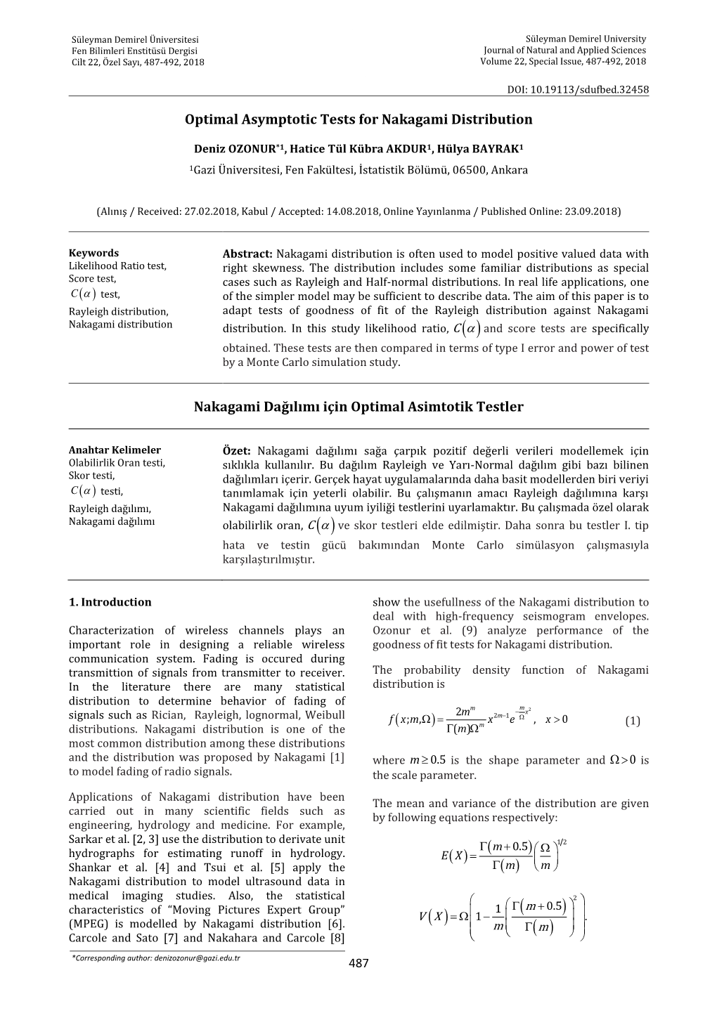 Α Nakagami Dağılımı Için Optimal Asimtotik Testler