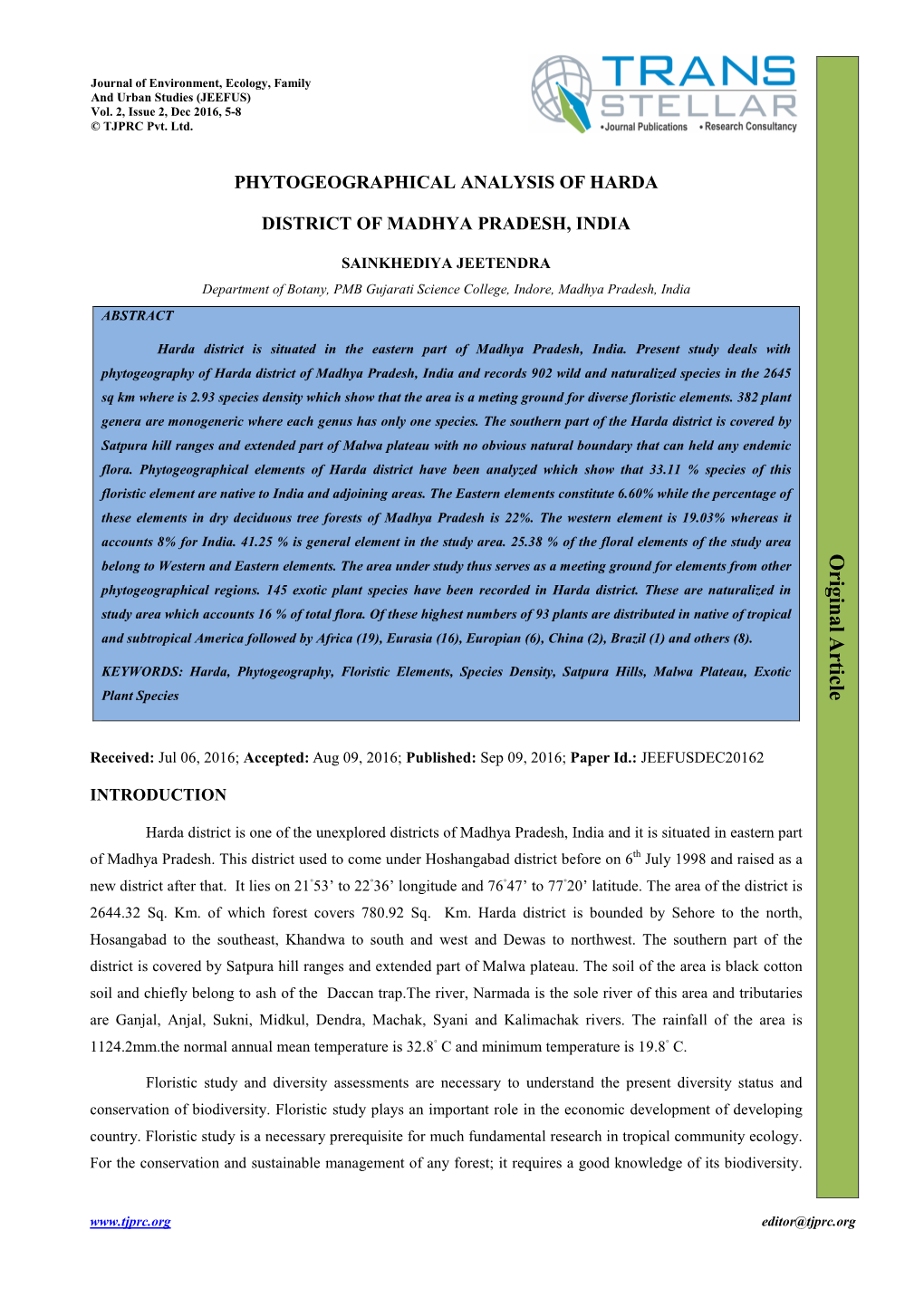 Phytogeographical Analysis of Harda District of Madhya Pradesh, India