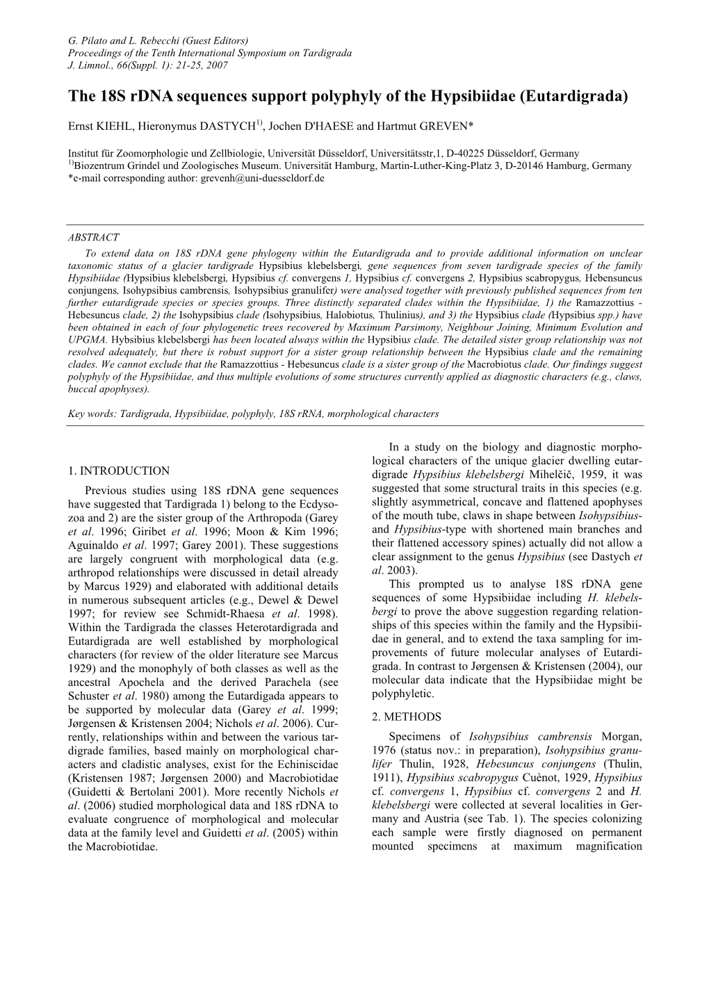 The 18S Rdna Sequences Support Polyphyly of the Hypsibiidae (Eutardigrada)