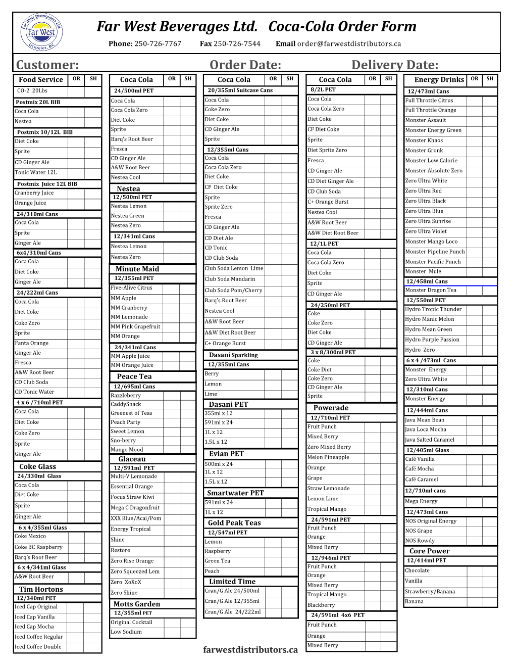 Far West Beverages Ltd. Coca-Cola Order Form