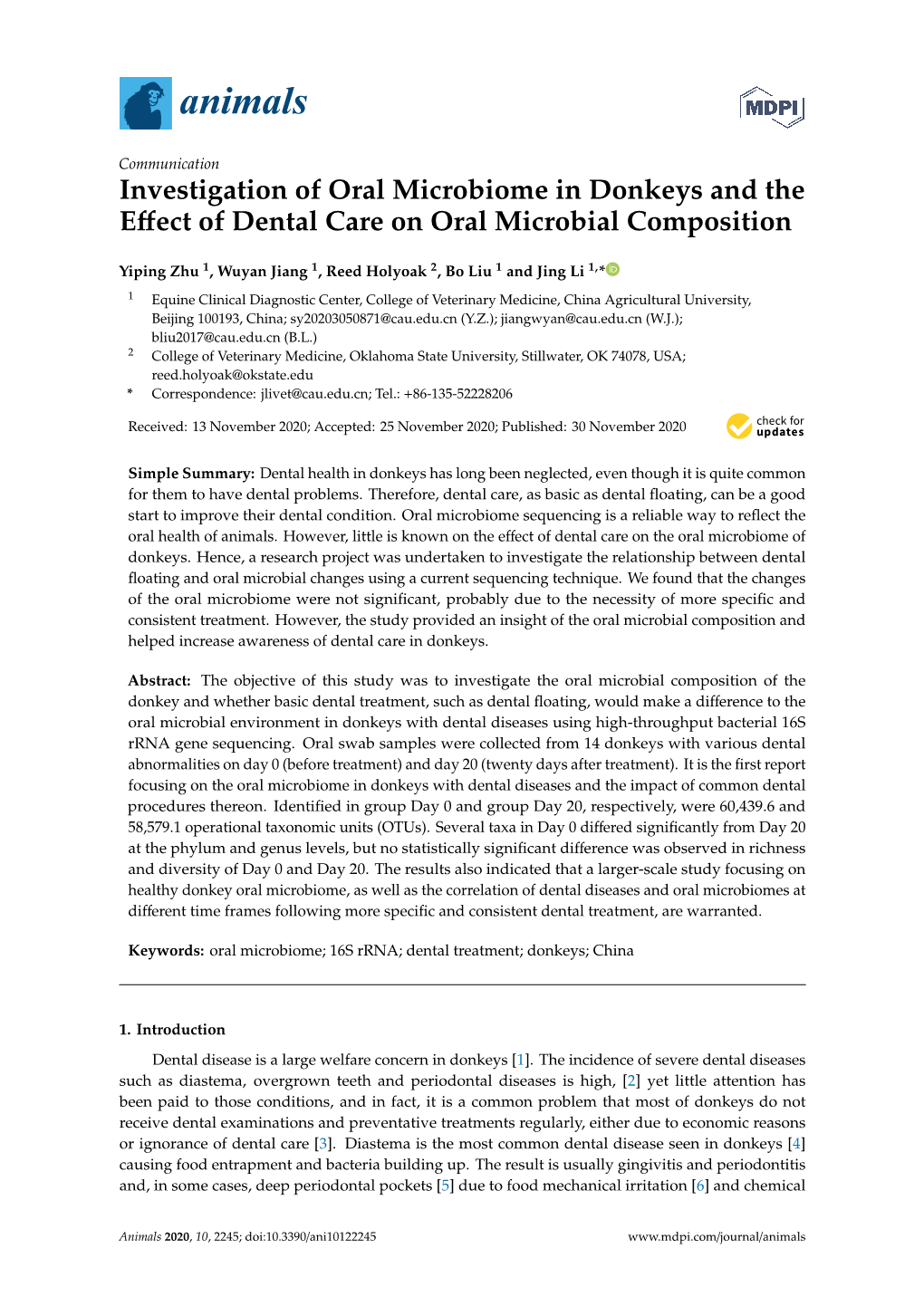 Investigation of Oral Microbiome in Donkeys and the Effect of Dental