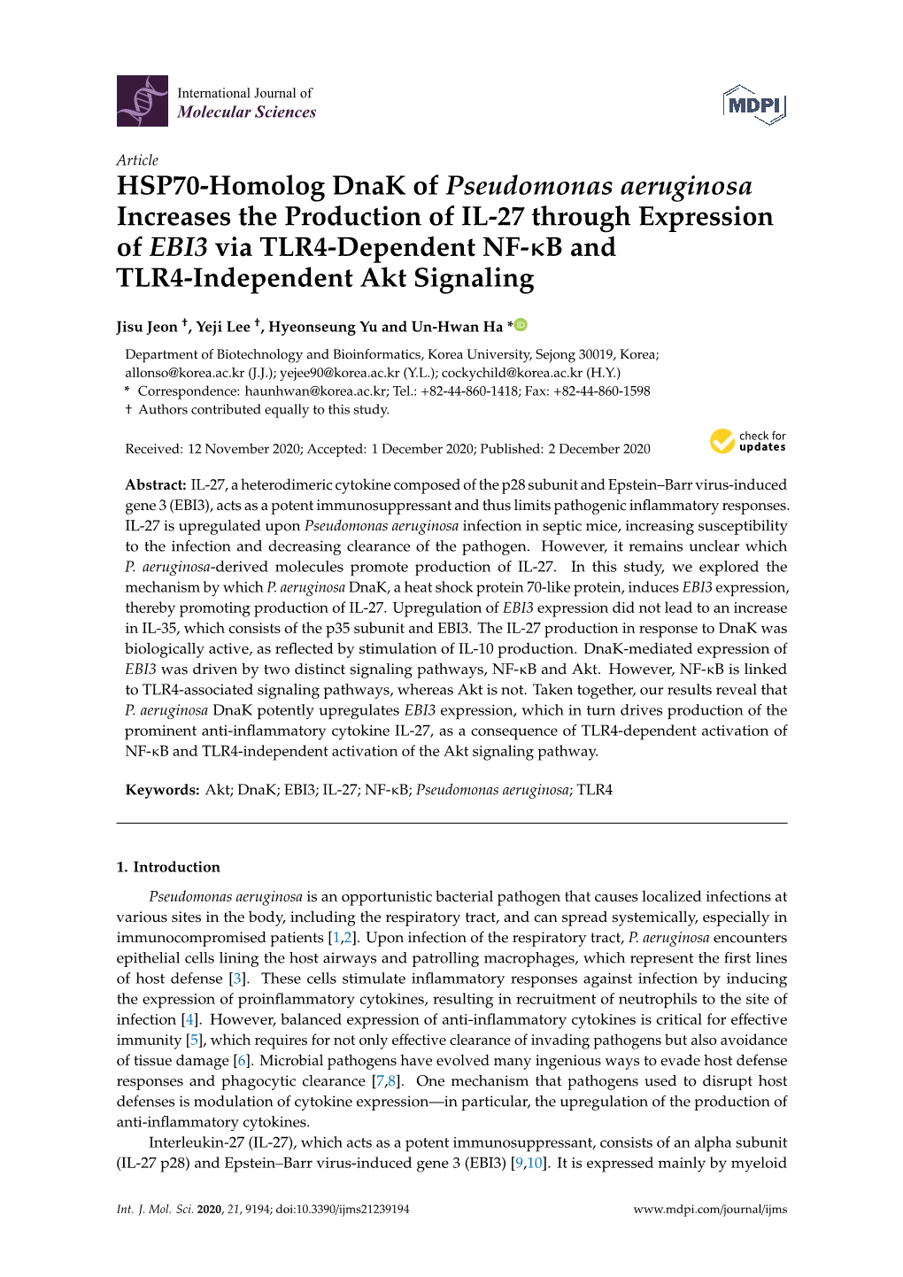 HSP70-Homolog Dnak of Pseudomonas Aeruginosa Increases the Production of IL-27 Through Expression of EBI3 Via TLR4-Dependent NF-Κb and TLR4-Independent Akt Signaling