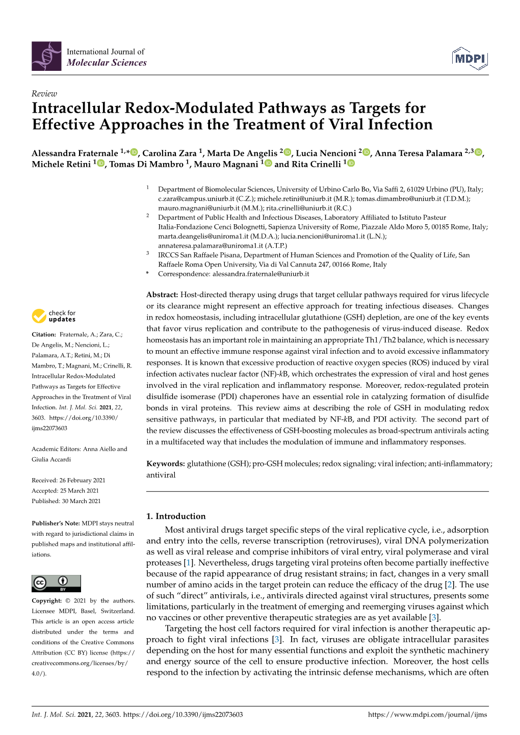 Intracellular Redox-Modulated Pathways As Targets for Effective Approaches in the Treatment of Viral Infection