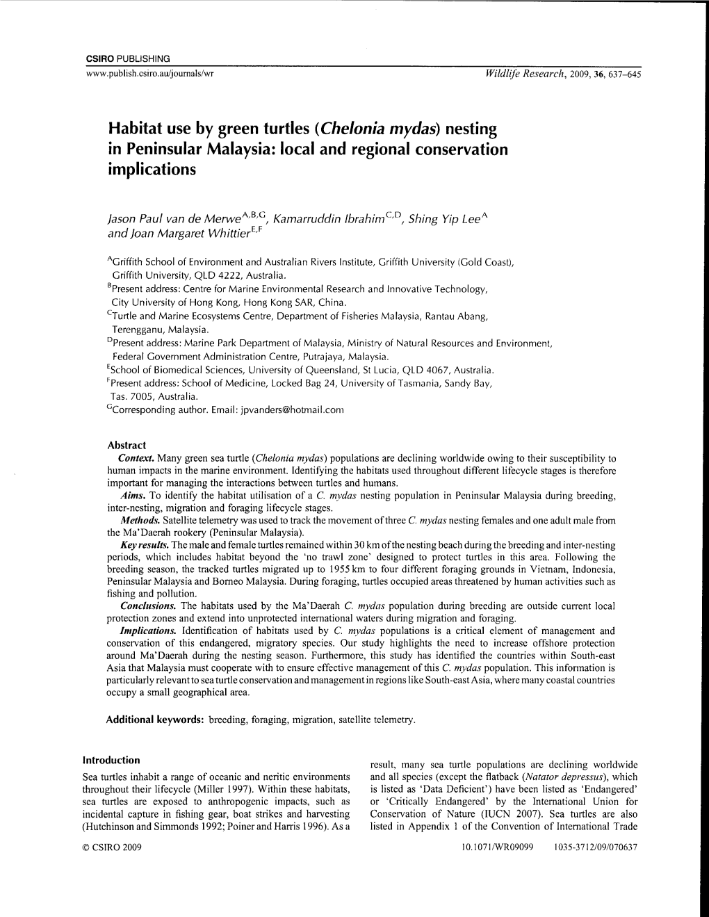 (Chelonia Mydas) Nesting in Peninsular Malaysia: Local and Regional Conservation Implications