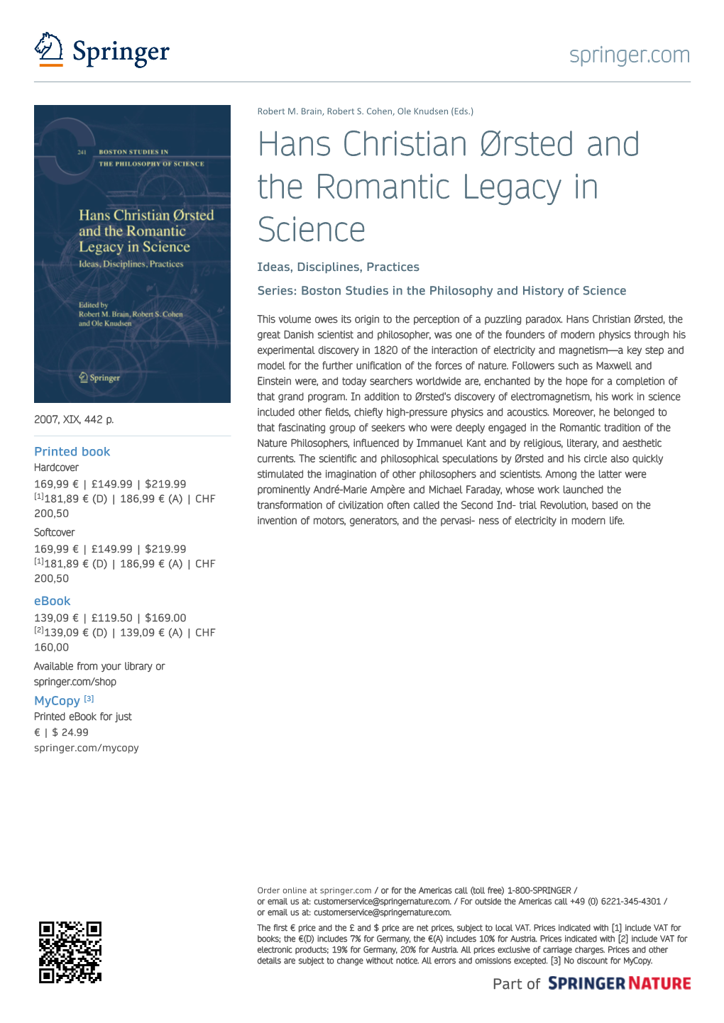 Hans Christian Ørsted and the Romantic Legacy in Science Ideas, Disciplines, Practices Series: Boston Studies in the Philosophy and History of Science