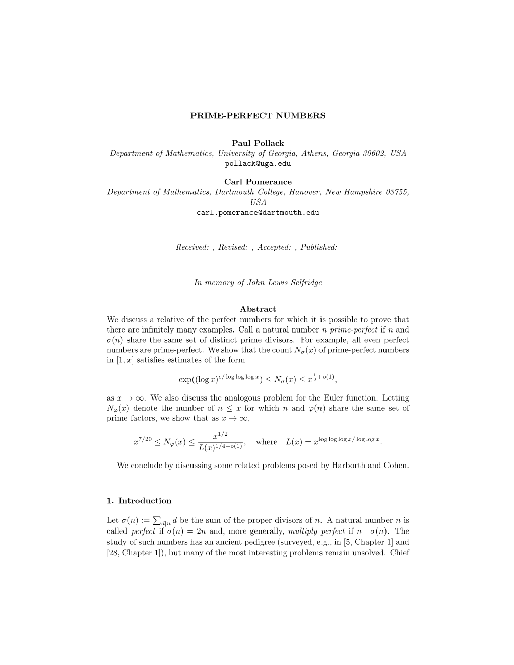 PRIME-PERFECT NUMBERS Paul Pollack Department of Mathematics, University of Georgia, Athens, Georgia 30602, USA Pollack@Uga.Edu