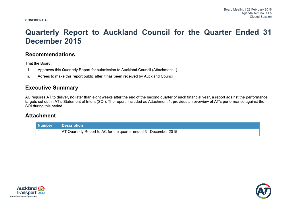 Quarterly Report to Auckland Council for the Quarter Ended 31 December 2015