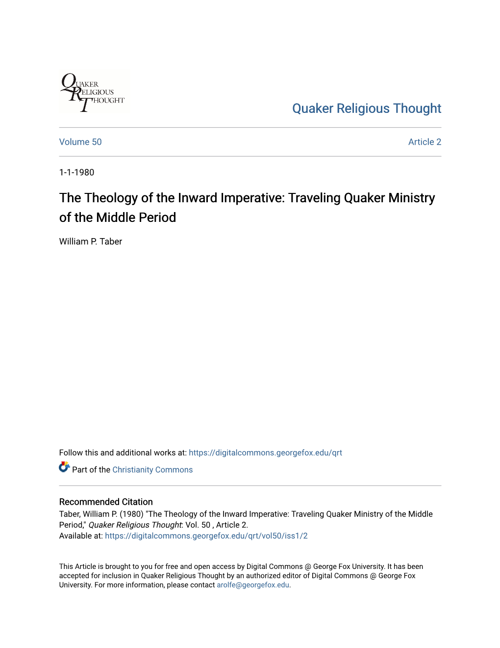 The Theology of the Inward Imperative: Traveling Quaker Ministry of the Middle Period