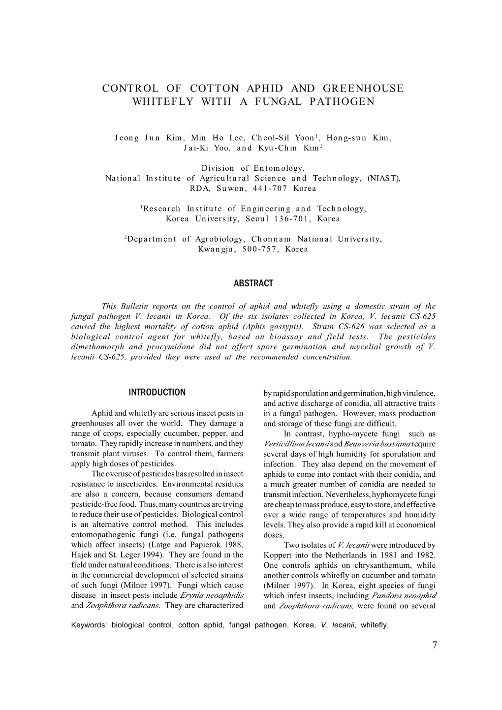 Control of Cotton Aphid and Greenhouse Whitefly with a Fungal Pathogen