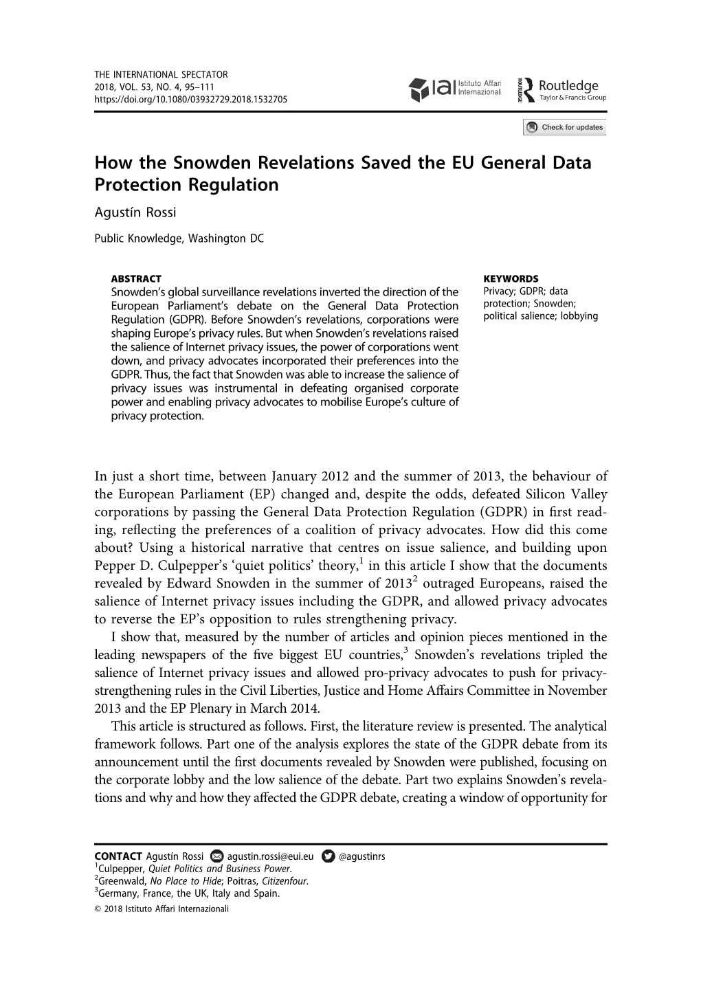 How the Snowden Revelations Saved the EU General Data Protection Regulation Agustín Rossi