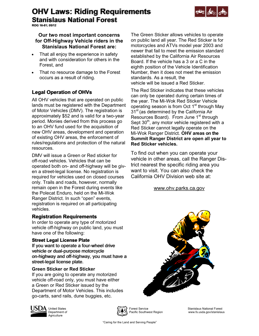 OHV Laws: Riding Requirements Stanislaus National Forest ROG 16-81; 05/12