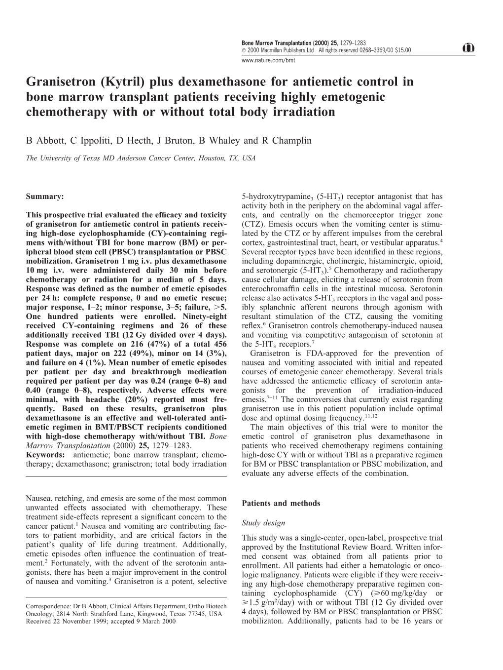 Dexamethasone for Antiemetic Control in Bone Marrow Transplant Patients Receiving Highly Emetogenic Chemotherapy with Or Without Total Body Irradiation