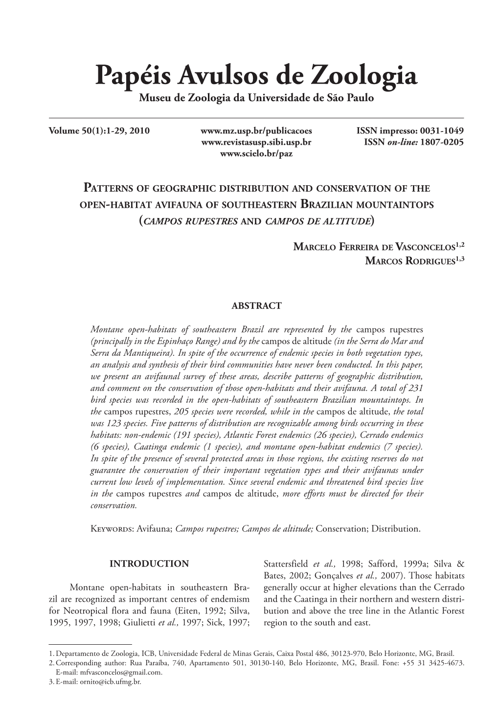 Patterns of Geographic Distribution and Conservation of the Open-Habitat Avifauna of Southeastern Brazilian Mountaintops (Campos Rupestres and Campos De Altitude)