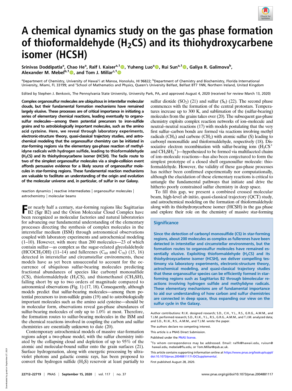 A Chemical Dynamics Study on the Gas Phase Formation of Thioformaldehyde (H2CS) and Its Thiohydroxycarbene Isomer (HCSH)