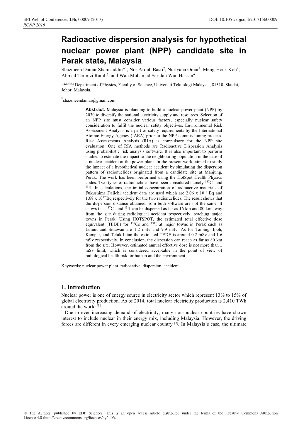 Radioactive Dispersion Analysis for Hypothetical Nuclear Power Plant