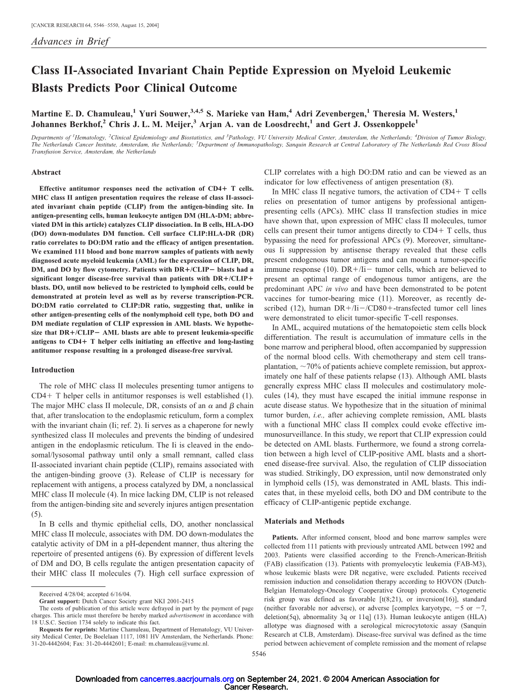 Class II-Associated Invariant Chain Peptide Expression on Myeloid Leukemic Blasts Predicts Poor Clinical Outcome