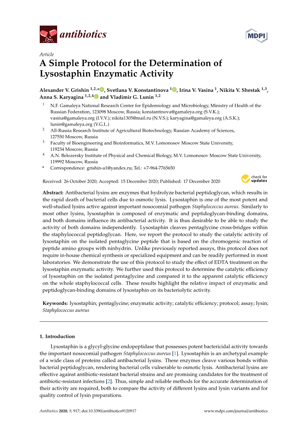 A Simple Protocol for the Determination of Lysostaphin Enzymatic Activity