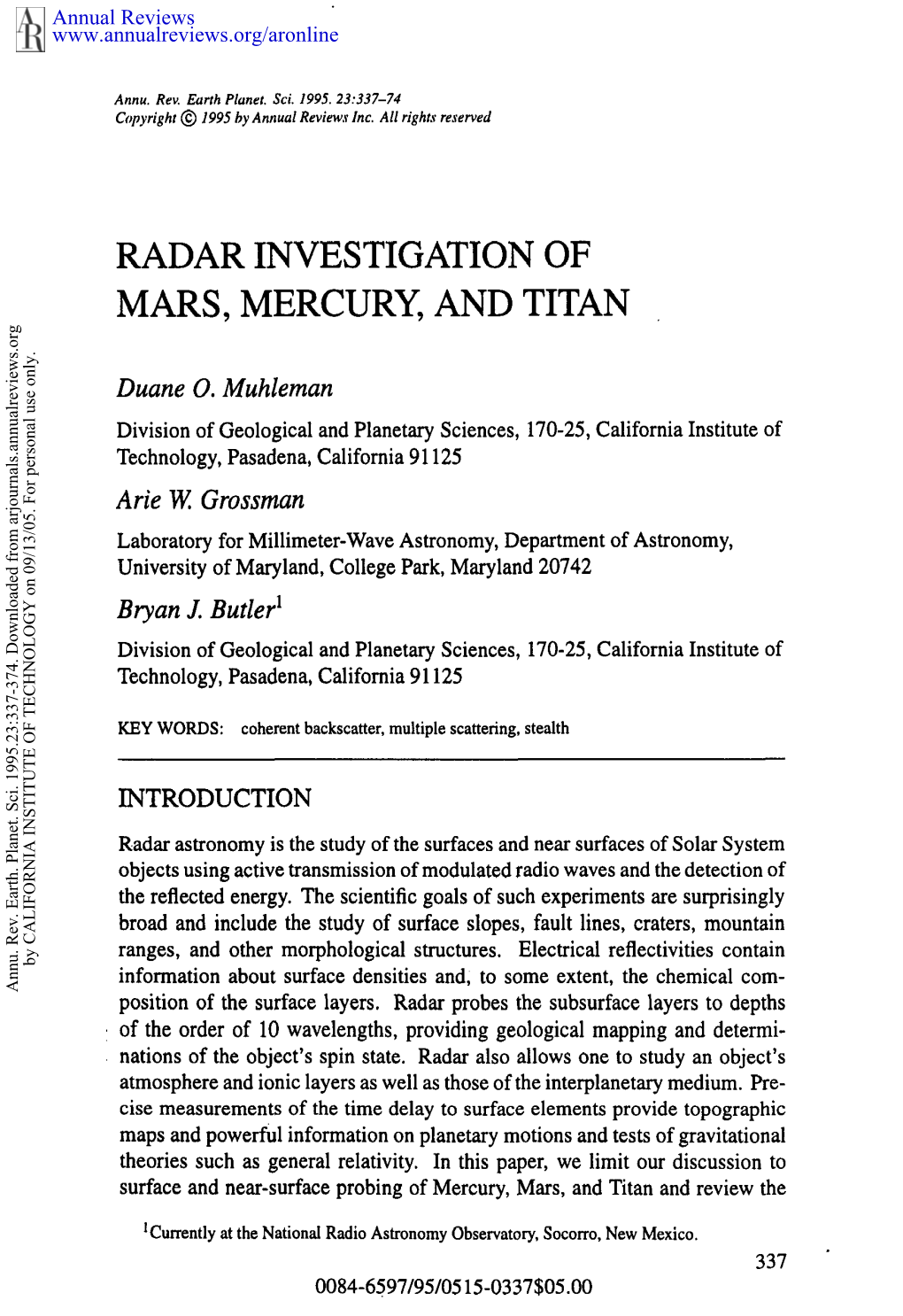 Radar Investigation of Mars, Mercury, and Titan