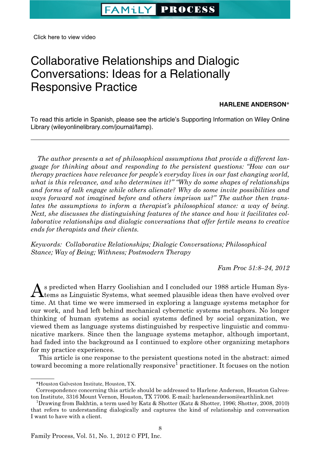 Collaborative Relationships and Dialogic Conversations: Ideas for a Relationally Responsive Practice