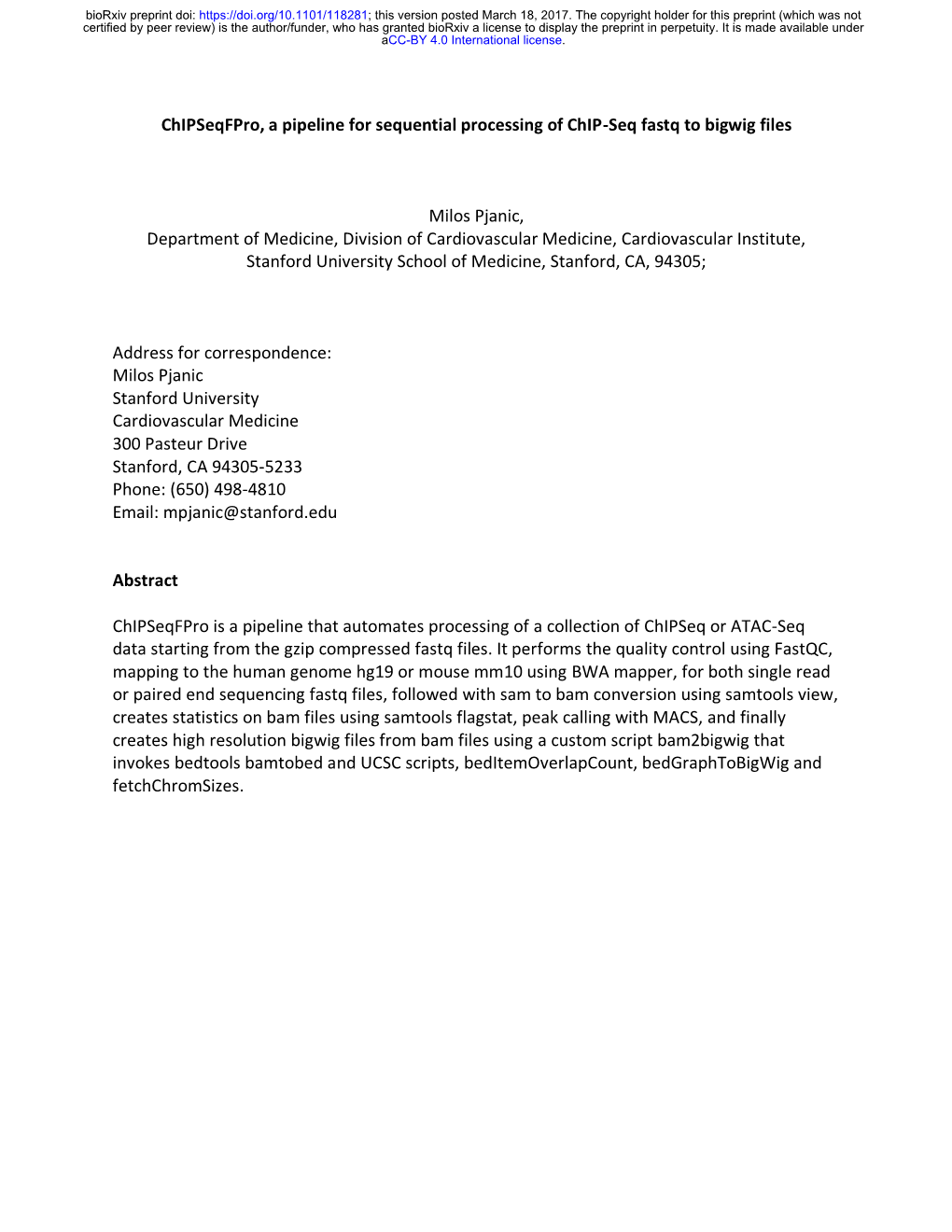 Chipseqfpro, a Pipeline for Sequential Processing of Chip-Seq Fastq to Bigwig Files