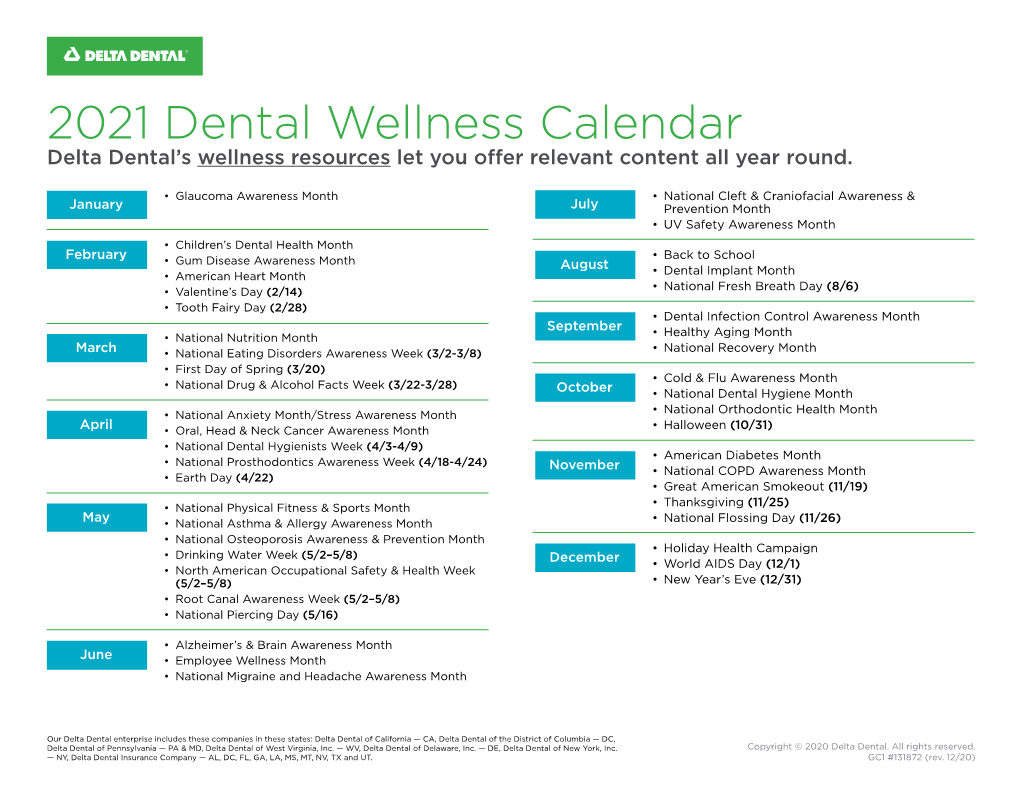 2021 Dental Wellness Calendar Delta Dental’S Wellness Resources Let You Offer Relevant Content All Year Round