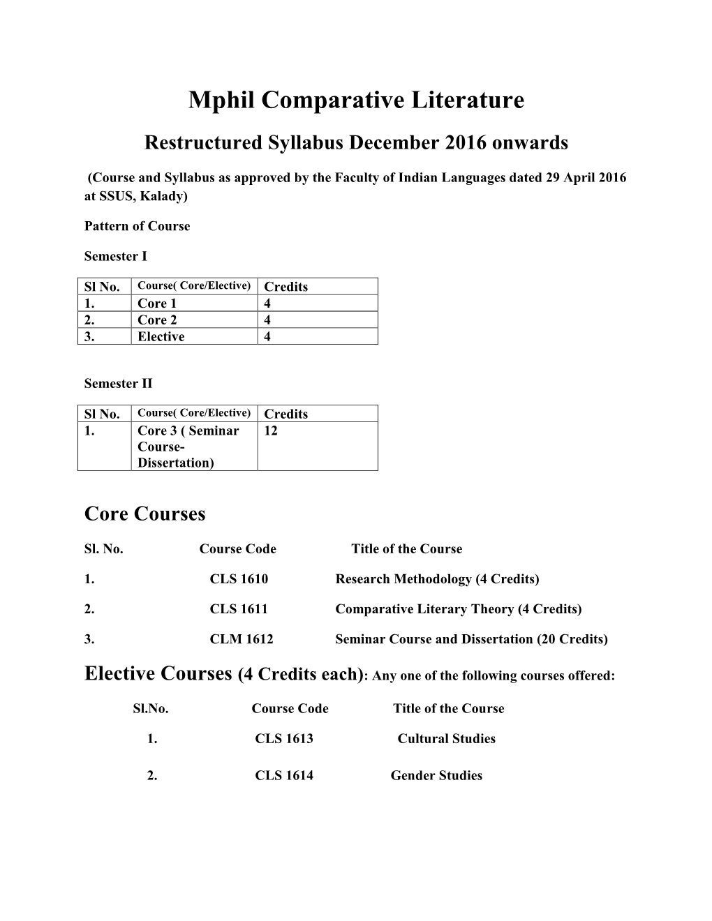 Mphil Comparative Literature Restructured Syllabus December 2016 Onwards