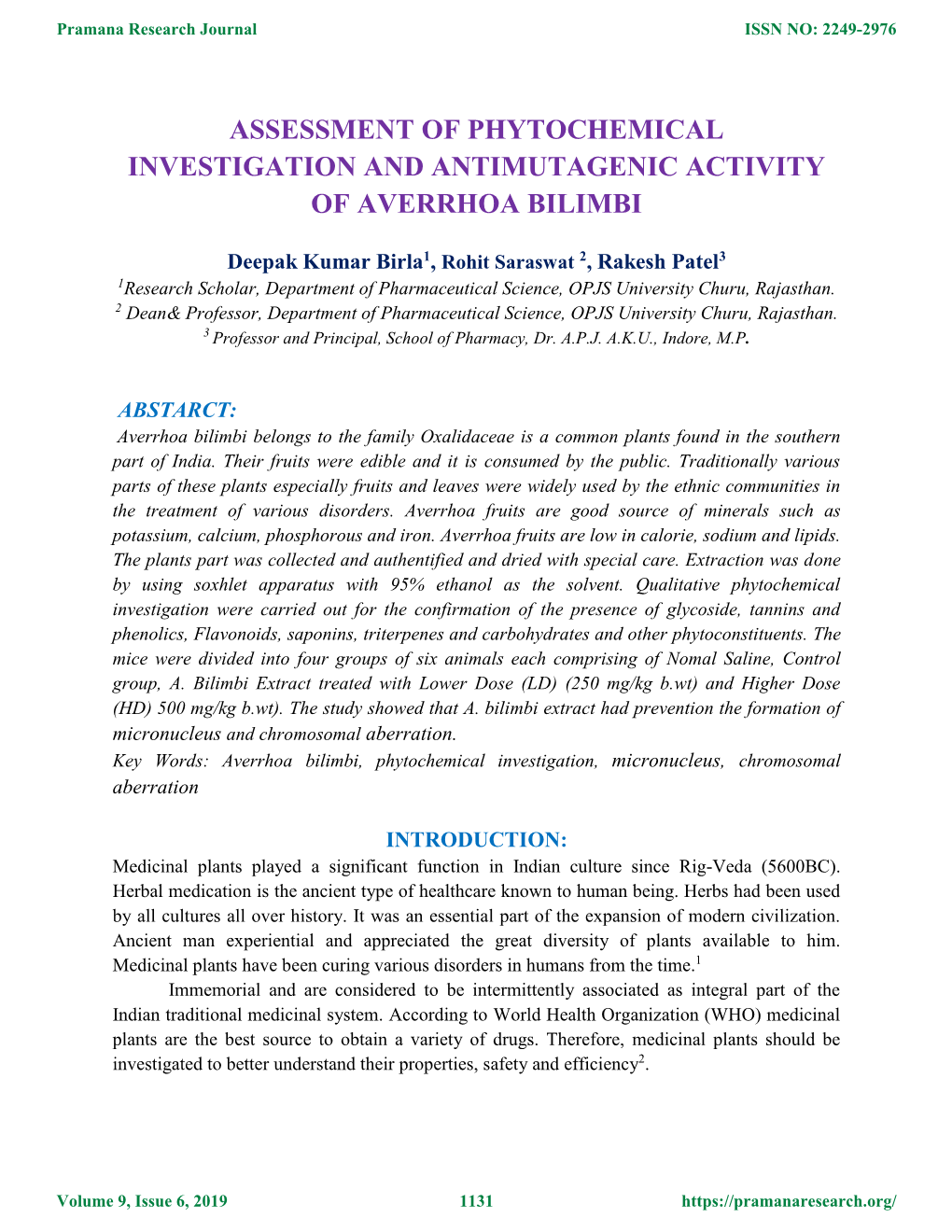 Assessment of Phytochemical Investigation and Antimutagenic Activity of Averrhoa Bilimbi
