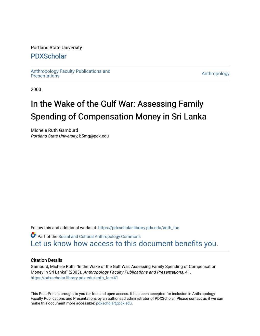 In the Wake of the Gulf War: Assessing Family Spending of Compensation Money in Sri Lanka