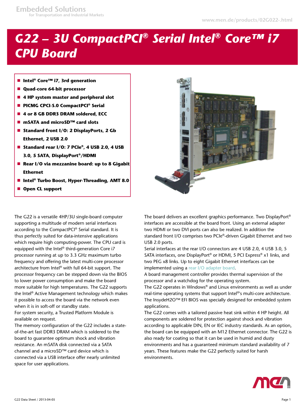 3U Compactpci® Serial Intel® Core™ I7 CPU Board