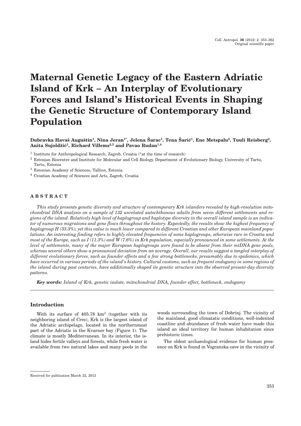 Maternal Genetic Legacy of the Eastern Adriatic Island of Krk – An