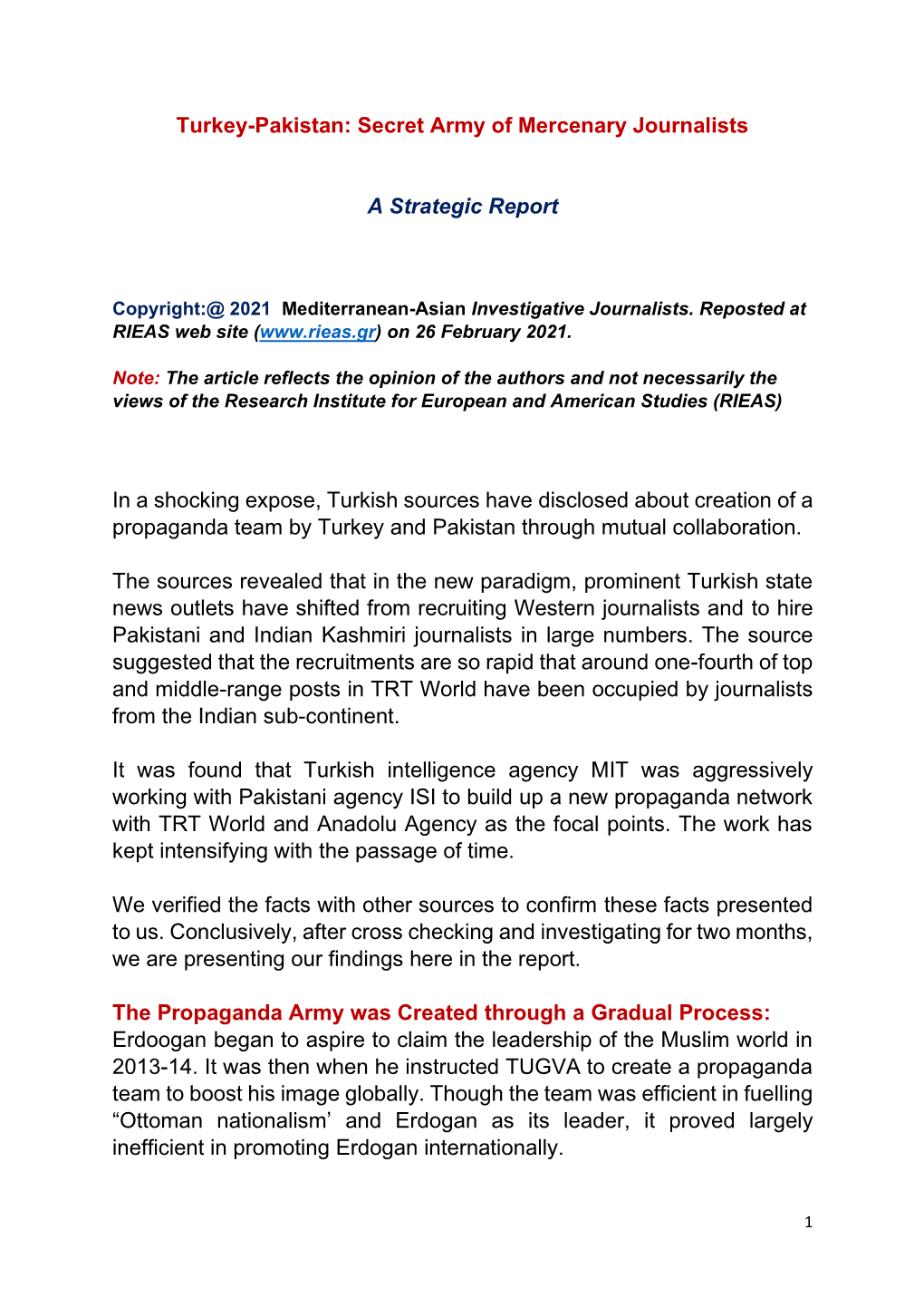 Turkey-Pakistan: Secret Army of Mercenary Journalists a Strategic