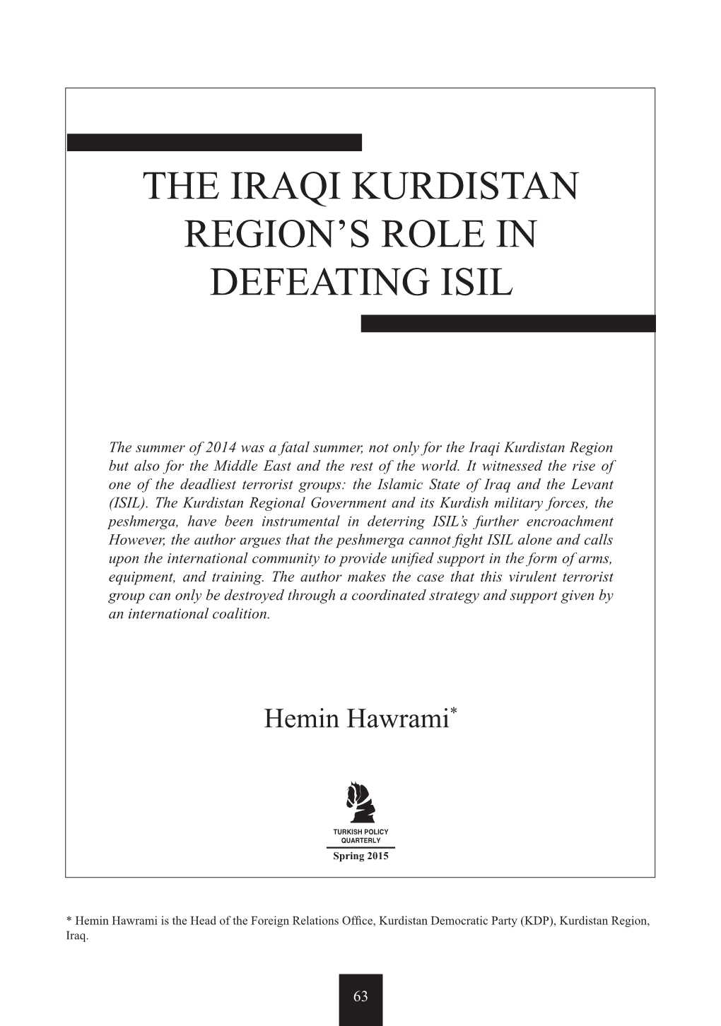 The Iraqi Kurdistan Region's Role in Defeating Isil
