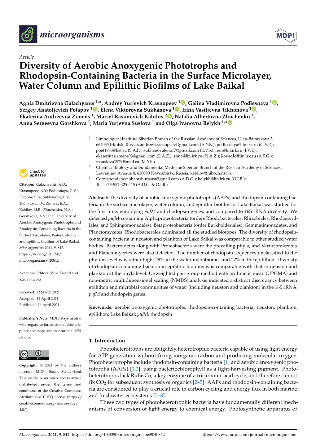 Diversity of Aerobic Anoxygenic Phototrophs and Rhodopsin-Containing Bacteria in the Surface Microlayer, Water Column and Epilithic Bioﬁlms of Lake Baikal