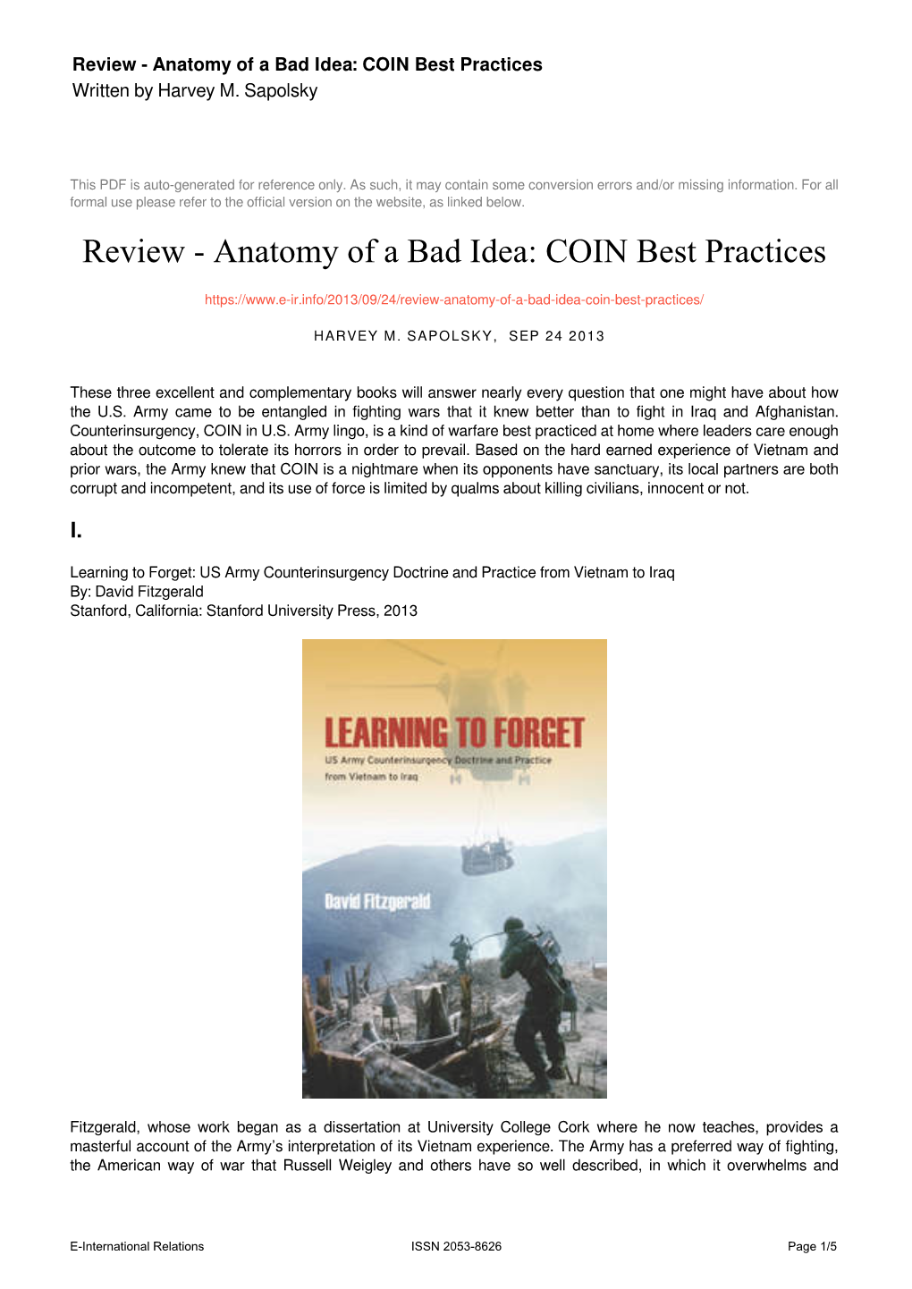 Review - Anatomy of a Bad Idea: COIN Best Practices Written by Harvey M