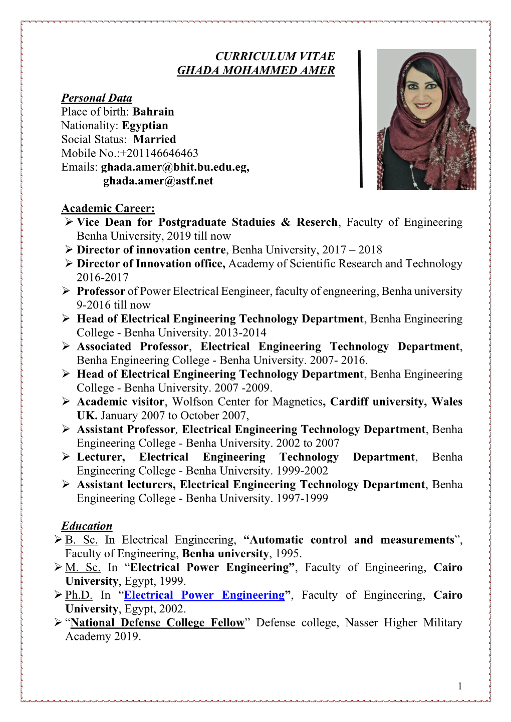 Curriculum Vitae Ghada Mohammed Amer