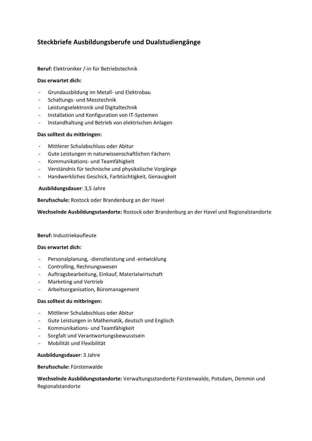 Steckbriefe Ausbildungsberufe Und Dualstudiengänge