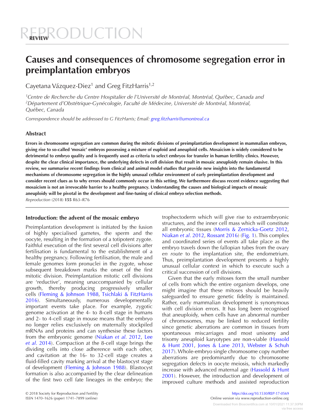 Causes and Consequences of Chromosome Segregation Error in Preimplantation Embryos