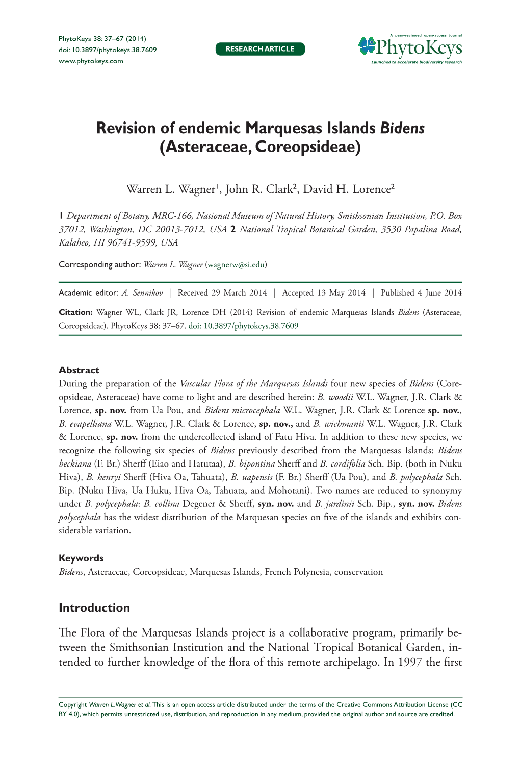 ﻿Revision of Endemic Marquesas Islands Bidens (Asteraceae