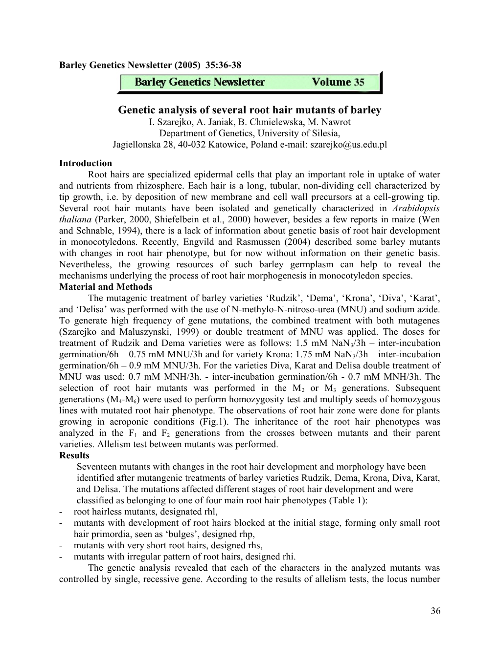 Description of Several Root Hair Mutants of Barley