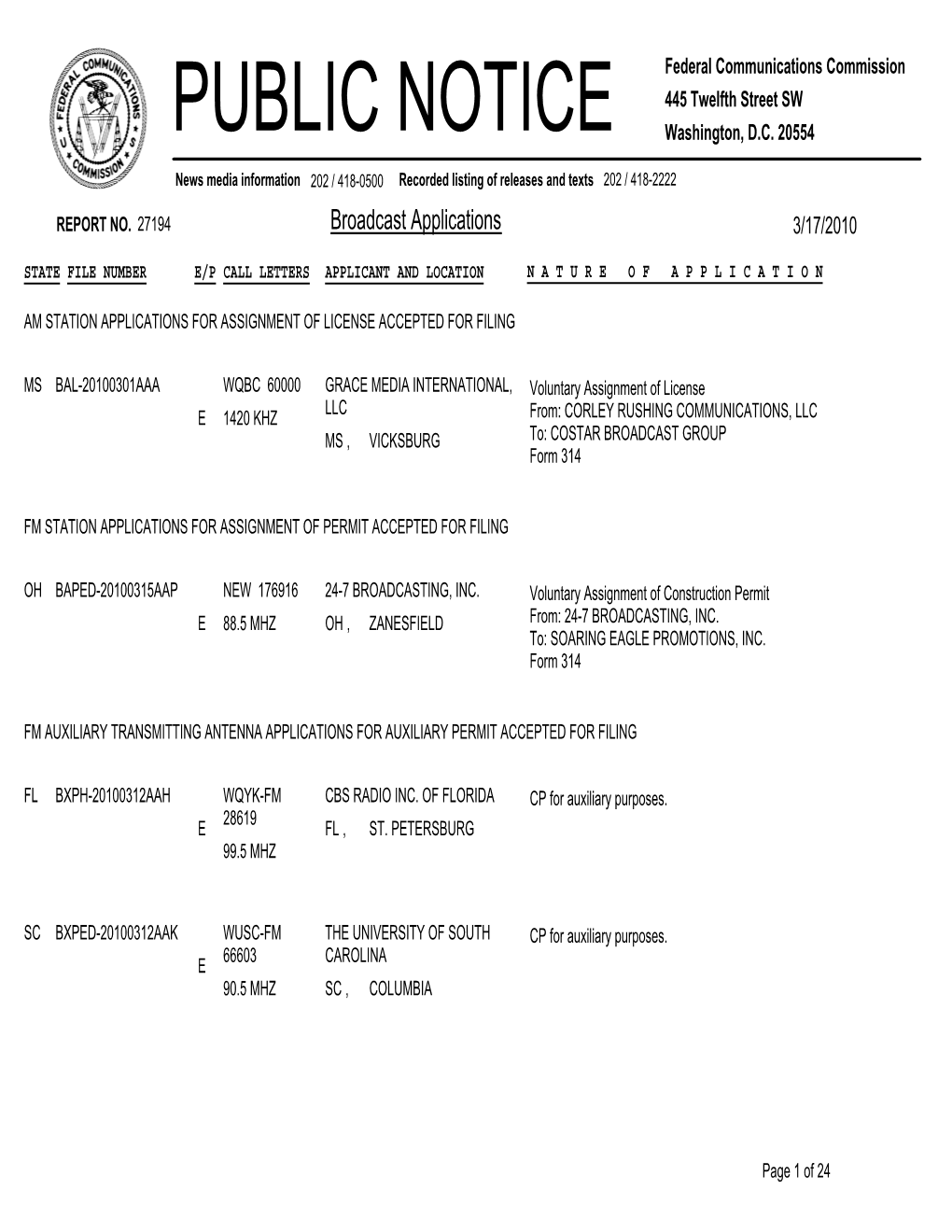 Broadcast Applications 3/17/2010