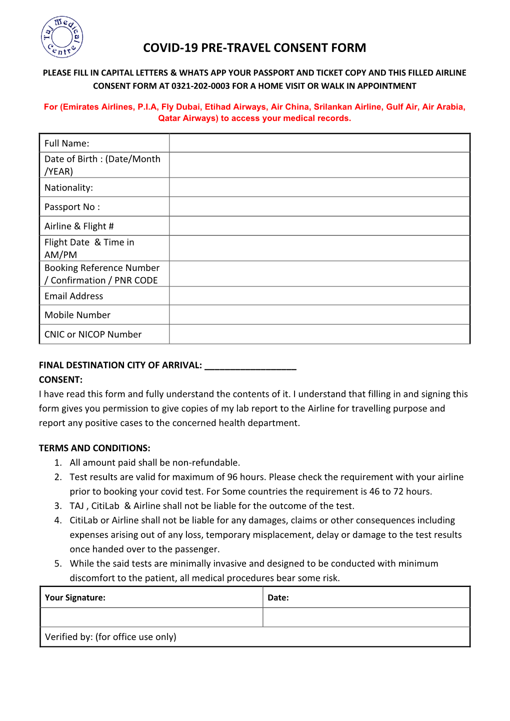 Covid-19 Pre-Travel Consent Form